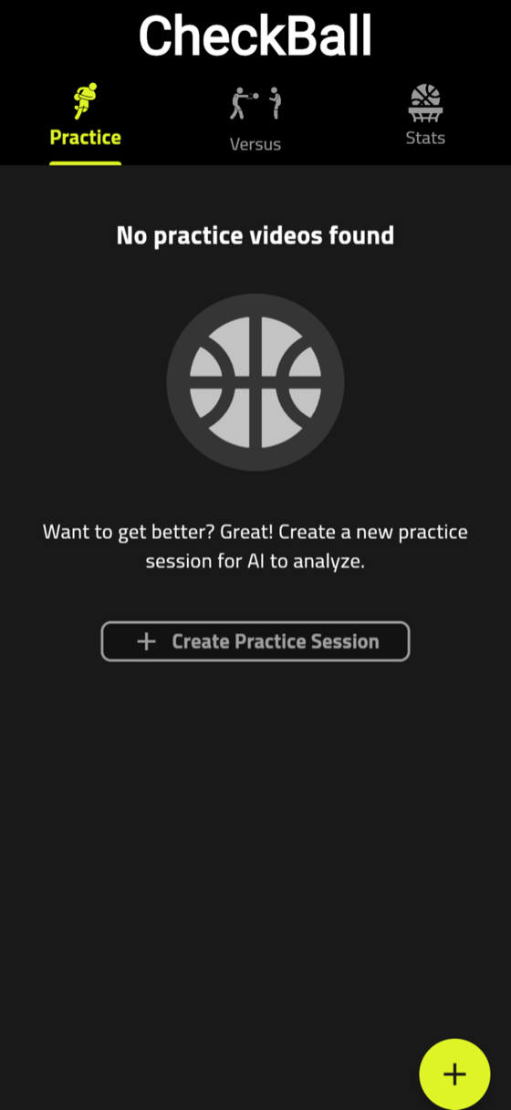 CheckBall practice tab empty state inviting you to create a session for the AI to analyze.